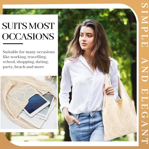 Aliceset 2 Pack Crochet Mesh Beach Tote Bag with Letter Patch Pocket Summer Beach Tote Bohemian Straw Transparent Bag