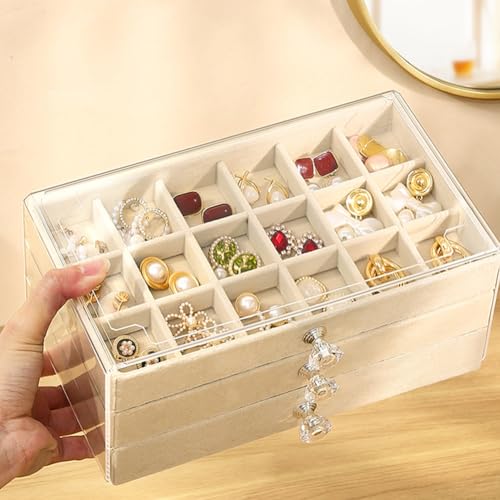SPAKOWN Earring Box Holder Organizer Display Case, Clear Velvet Jewelry Storage Tray Organizer for Earring Ring Stud (Beig...