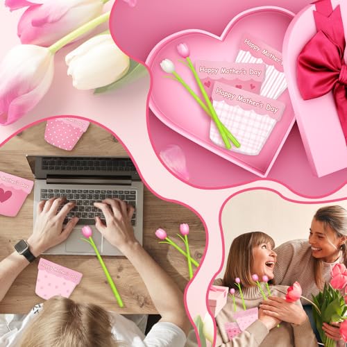 24 Set Mother's Day Sticky Notes and Pens Set Flower Pot Sticky Notes Change Color Tulip Ballpoint Pens Mother’s Day Stati...