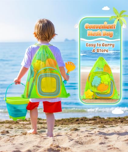 DUDUCOFU Collapsible Beach Sand Toys for Kids Toddlers, Collapsible Sand Bucket with Sifter Shovels Set with Mesh Bag and ...