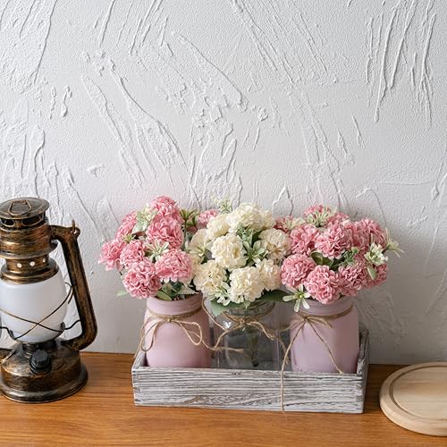 LUEUR 3PCS Artificial Hydrangea Flowers in Mason Jars with Wood Tray for Dining Table Coffee Table Farmhouse Home Decor Ce...