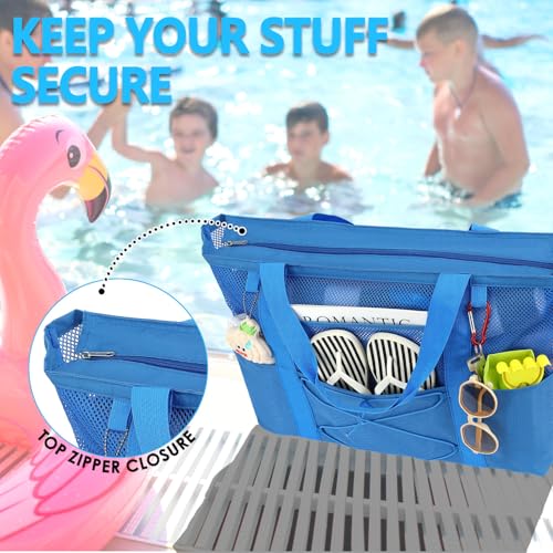 Fammart Mesh Beach Bag for Women, Large Beach Toy Pool Bag with Zipper Pocket, SandProof Cruise Essentials 2026 Family Travel