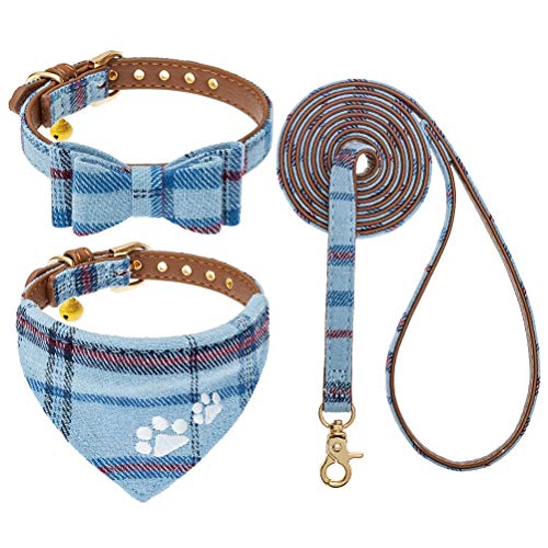 EXPAWLORER Puppy Collar and Leash Set - Embroidery Pawprints Plaid Dog Collar with Bow Tie and Bandana, Cute Collar and Le...