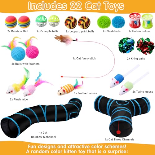 Poen 22pcs Cat Kitten Toys Set with 2 Collapsible Cat Tunnel and 20 Interactive Kitty Feather Toy, Fluffy Mouse, Crinkle B...
