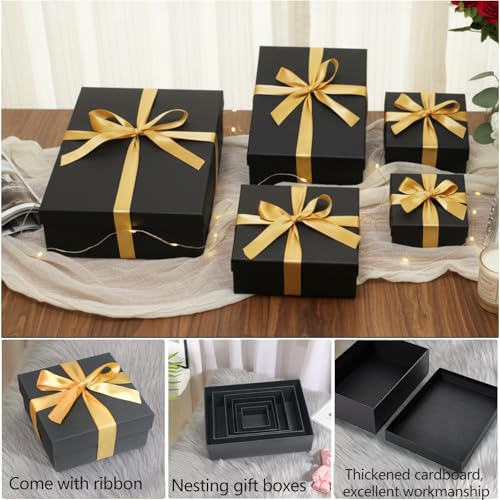Black Gift Box Set (6 Sizes), Gift Boxes with Lids for Presents, Pre-Wrapped Boxes for Gifts, Sturdy Gift Wrap Box for Val...