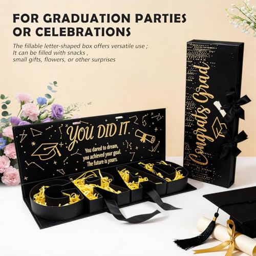 Graduation Gift Box 2026,GRAD Letter Shaped Fillable Cardboard Box for Graduation Gifts, Snacks, Flowers & More,Includes R...