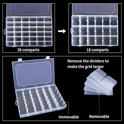 OUTUXED 2 Pack 36 Grids Clear Plastic Bead Organizer Box, Fishing Tackle Box Compartment Organizer with Adjustable Divider...