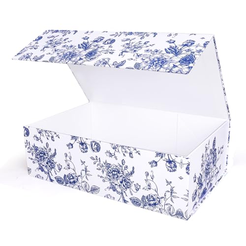 Whaline 3Pcs Blue Floral Paper Gift Box with Magnetic Closure Vintage Chinoiserie Toile Flower Print Present Packaging Box...