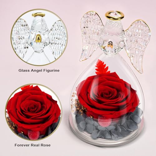 Yamonic Mom Birthday Gifts for Women, Preserved Roses Forever Flower in Glass Angel Figurines Gifts for Moms Grandma, Real...