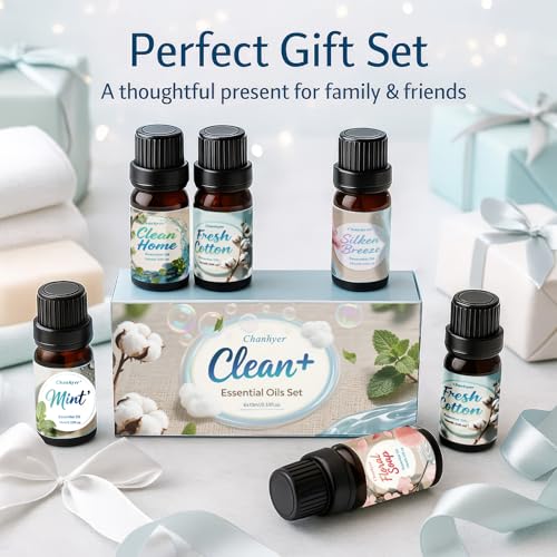 Clean Essential Oils Set 6 x 10ml–Fresh Linen, Mint,Clean Home,Silken Breeze, Fresh Cotton, Floral Soap for Diffuser, Home...