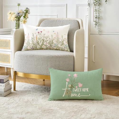 Miuyunya Spring Decorative Throw Pillow Covers Set of 4 Sage Green Couch Pillows Square Linen Wild Flower Plant Cushion Co...