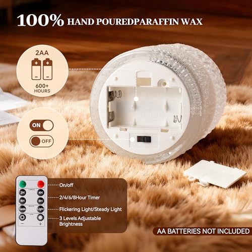 Velsyn Dotted Glass Flameless Candles with Remote Timer, Real Wax Battery Operated LED Pillar Candles with 3D Flickering F...