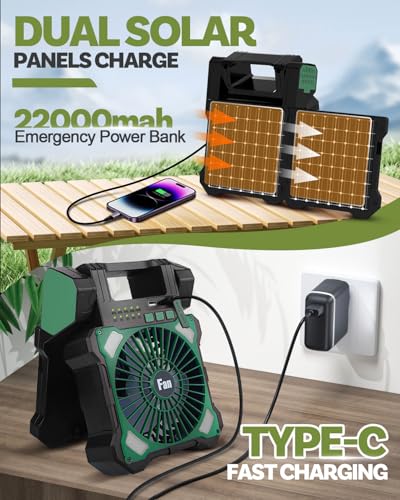 Maraiss 22000mAh Camping Solar Fan, Dual-Panel Rechargeable Solar Powered Fan with LED Light, 5 Adjustable Speeds Battery ...