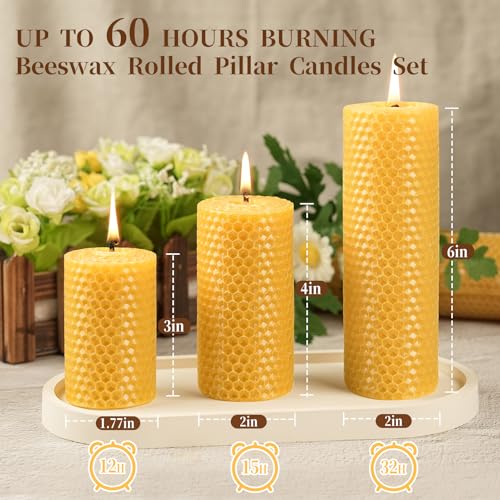 Pure Beeswax Pillar Candles,3 Pack Hand-Rolled Natural Beeswax Candles(1.77x3in,2x4in,2x6in) 60 Hours Burning Unscented Be...