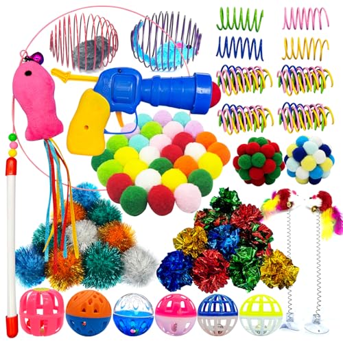 HerMia 84 Pcs Cat Toys Set for Indoor Cats, Interactive Kitten Toys with Plush Balls Launcher & Teaser Wand, Includes Crin...