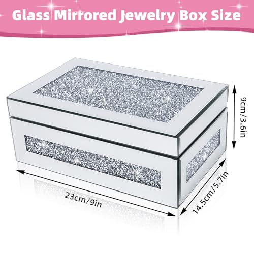 Poeuai Glam Rhinestone Crystal Silver Glass Jewelry Box, Sparkly Blinged Out Mirror Jewelry Box for Women, Elegant Jewel B...