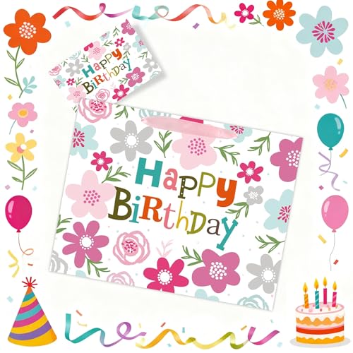 ASYEHJNR 13" Large Size Happy Birthday Gift Bag Pink Gray Teal Floral Flower with Colorful Happy Birthday Sign Boho Gift B...