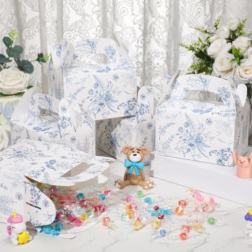 Dunzoom 24 Pack Blue Floral Paper Gift Boxes Party Favor Gift Gable Boxes with Chinoiserie Floral Printed Candy Treat Box ...