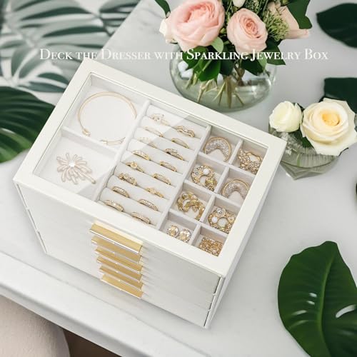 VLANDO 6-Drawer Jewelry Box with Glass Lid, Faux Leather Organizer for Rings Earrings Necklaces and More, Gift-Ready Jewel...