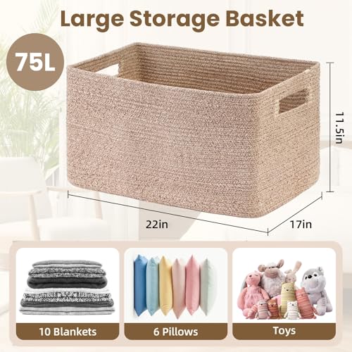 Optish 75L Large Blanket Basket, Woven Storage Baskets with Reinforced Handles, Rope Laundry Basket for Living Room, Bedro...