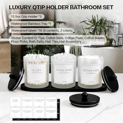 3 Pack Qtip Holder Bathroom Set,Cotton Ball Swab Pad Holder Cotton Round Floss Pick Dispenser with Tray,Glass Apothecary J...