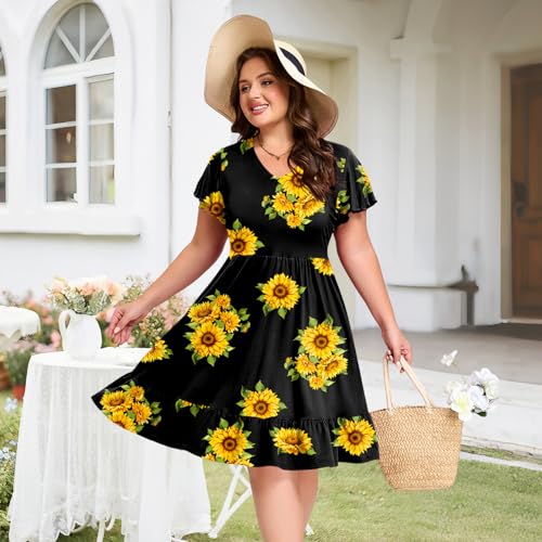Women's Plus Size Casual Dress V Neck Ruffle Floral Short Sleeve Summer Midi Dresses with Pockets