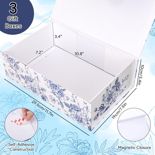 Whaline 3Pcs Blue Floral Paper Gift Box with Magnetic Closure Vintage Chinoiserie Toile Flower Print Present Packaging Box...