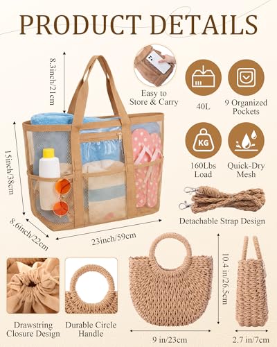 Shinylin 2 Pcs Beach Bags for Women, Straw Clutch Purse & Summer Large Mesh Beach Tote Bag, Woven Envelope Straw Travel Bag