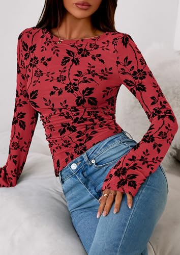 PRETTYGARDEN Women Long Sleeve Floral Mesh Tops Blouse 2026 Fall Trendy Boat Neck Ruched Spring Shirt Going Out Date Outfits