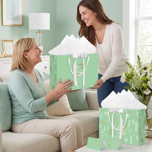 woric 13.7''Gift Bags Set of 2 Large Sage Green Bags for Women with Handles Tissue Paper Cards for Mother's Day Weddings B...