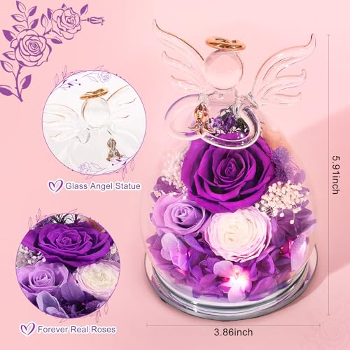 Gifts for Mom Birthday Gifts for Women Preserved Rose Forever Flower in Glass Angel Figurines Fresh Flowers for Delivery A...