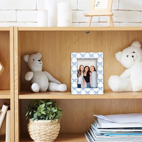Foyoulame Blue Bow Picture Frame 4x6, Blue Preppy Coquette Bow Decor Wooden Picture Frame, Preppy Girly Gifts for Women Gi...