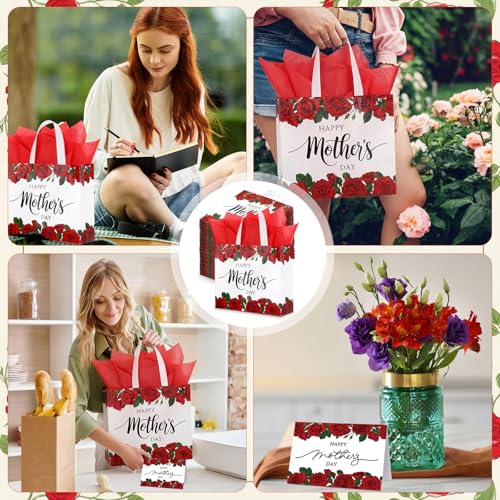 Sinload 24 Sets Large Gifts Bags for Mother's Day 10.6" Rose Flowers Non Woven Fabric Bag with Tissue Papers with Handles ...