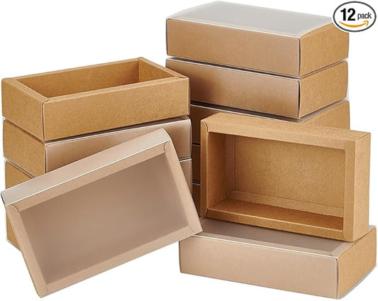 BENECREAT 12Packs Large Rectangle Brown Kraft Boxes Heavy Duty Gift Box with Clear PVC Windows 5.9x3x1.5 for Party Favor T...