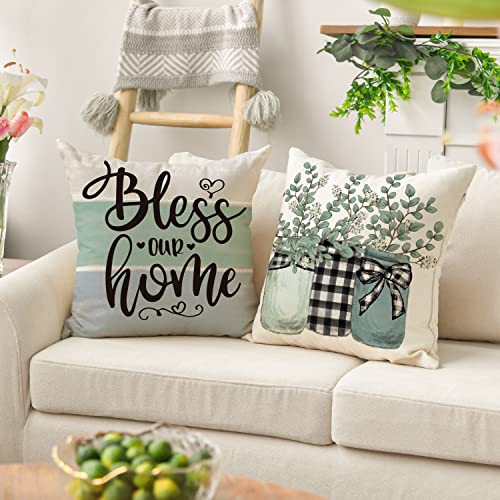 AVOIN colorlife Fall Sweet Home Eucalyptus Lamb Ear Wreath Throw Pillow Covers, 18 x 18 Inch Bless Our Home Buffalo Plaid ...