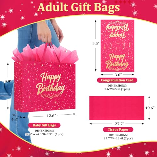 BeiLaad 13" Pink Happy Birthday Gift Bag with Greeting Card and Tissue Papers, Happy Birthday Bag for Women Girls Party, G...
