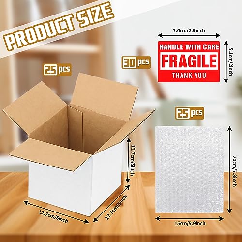 25Pack 5x5x5 Shipping Boxes for Small Business,White Mailing Boxes with Bubble Bags & Fragile Stickers for Mailing and Pac...