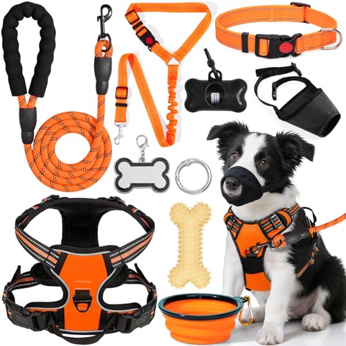 YXFDOYT No Pull Dog Harness Adjustable Collar & Leash Set - Dog Halter Harnesses Collapsible Bowls & Poop Bag Dispenser Mu...