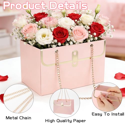 6 PCS Flower Paper Gift Box, Bouquet Storage Bucket Florist Handbag with Metal Chain Flower Bouquet Box Gift Wrap Bags Flo...