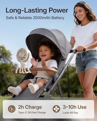 SWEETFULL Portable Stroller Fan, Pinch-Proof Baby Fan, 10H Battery, 5-Speed Quiet Mini Clip on Fan, USB-C Rechargeable wit...