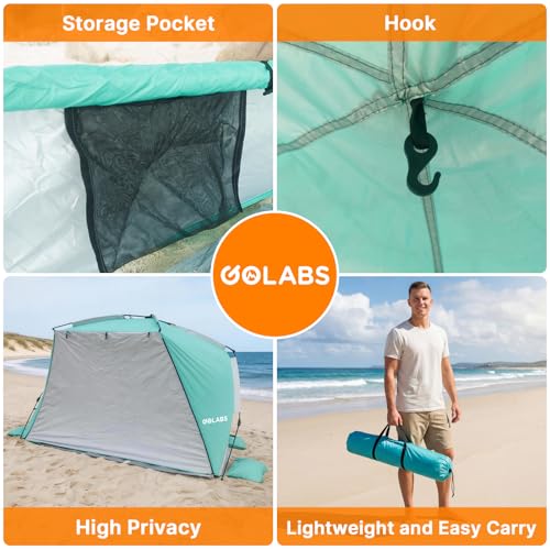 Golabs BT1 Pop up Beach Tent Sun Shelter for 3-Person, 1-Minute Setup by Pre-Attached Pole & UPF 50+, Beach Shade with Det...