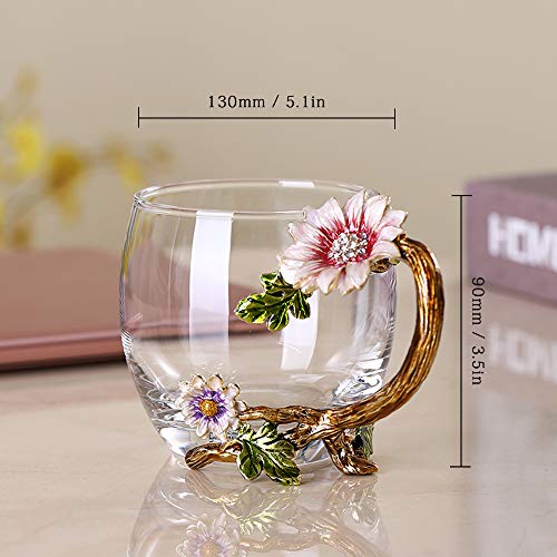 JY-Danbady Enamel Sunflower Crystal Lead-Free Glass Tea Cup with Spoon Set, Present for The Christmas, Valentine's Day.Bes...