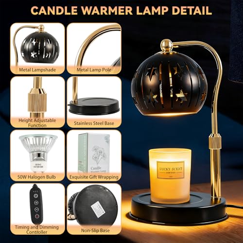 Electric Candle Warmer Lamp with Timer & Dimmer for Bedroom（Candle Not Included, Height Adjustable Candle Warmer with 2 Bu...