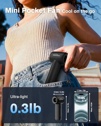WHATOOK Portable Handheld Fan, High Speed Turbo Mini Fan with 5 Speeds, 3000mAh USB-C Rechargeable Personal Fan, LED Digit...
