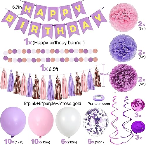 Purple Pink Birthday Party Decorations for Women Girls with Happy Birthday Banner,Hanging Swirls,Tissue Paper Pompoms,Circ...