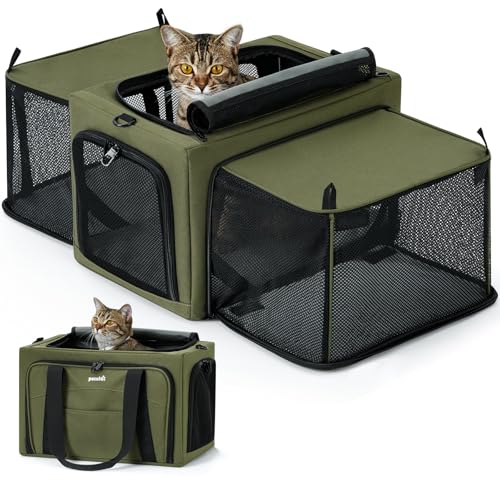 Pecute Cat Carrier Expandable, Stable Pet Carrier with 5mm Thick Steel Wire Frame, Dual-Side 200% Larger Space, Car Travel...
