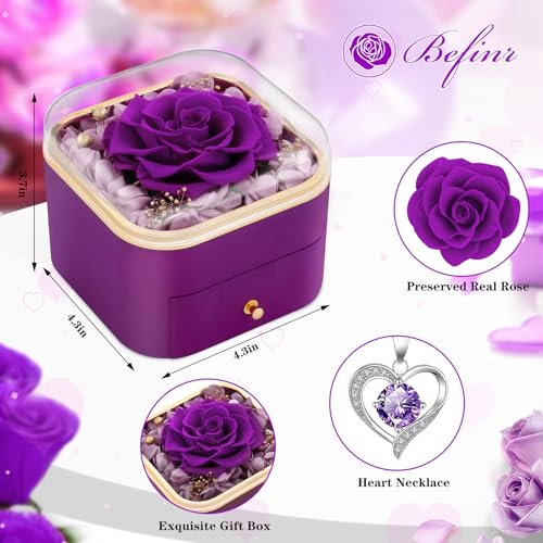 Beferr Birthday Gifts for Women Preserved Real Rose with Necklace Eternal Purple Roses Forever Flowers for Delivery Annive...