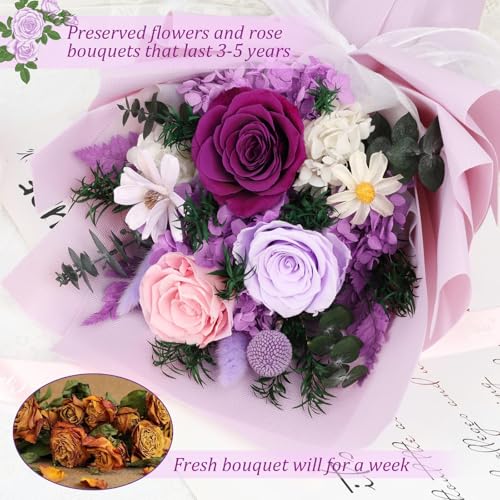Flowers for Delivery Prime Preserved Flowers Bouquet with Vase That Last 3-5 Years Real Forever Flowers Purple Rose Bouque...
