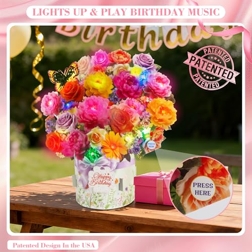 XTF2015 Birthday Cards with MUSIC & LIGHTS, Happy Birthday Card, Peony & Butterfly, 13 Inch Life Sized Forever Flower Bouq...