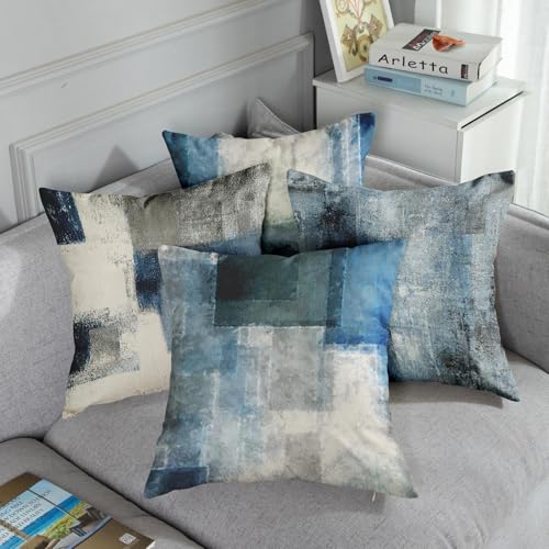 Emvency Set of 4 Throw Pillow Covers Blue and Grey White Art Artwork Contemporary Decorative Gray Cushion Sofa Bedroom Car...